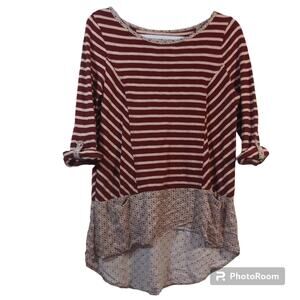 Postmark Anthropologie Red White Striped Knit Mixed Media Hi-Low Hem Size Small